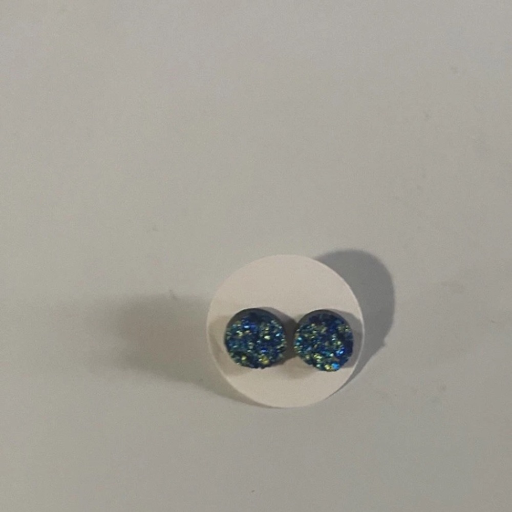 Blue/Green/Yellow Glitter Faux Druzy Stud Earrings Brand New